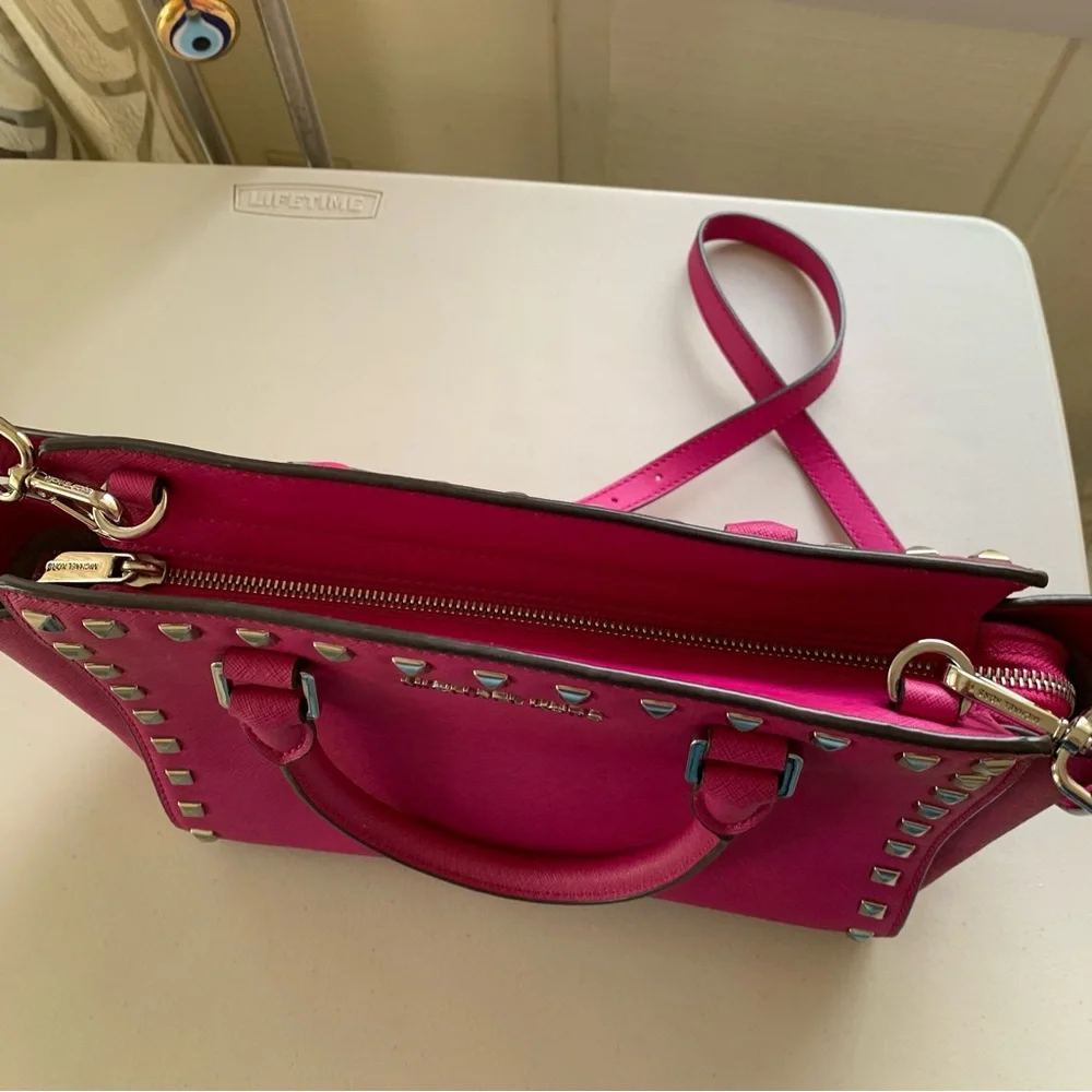 Michael Kors Fuchsia Pink Leather Medium Size Studded Satchel - Picture 7 of 12